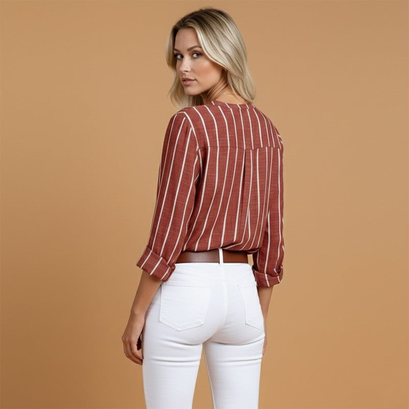 Dulce | Camisa de Linho Risca Vertical Mulher Manga Comprida