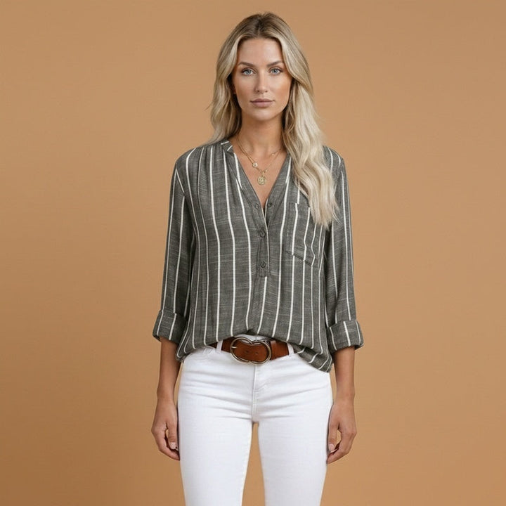 Dulce | Camisa de Linho Risca Vertical Mulher Manga Comprida
