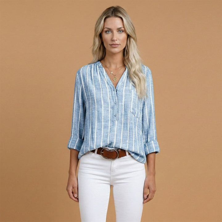 Dulce | Camisa de Linho Risca Vertical Mulher Manga Comprida