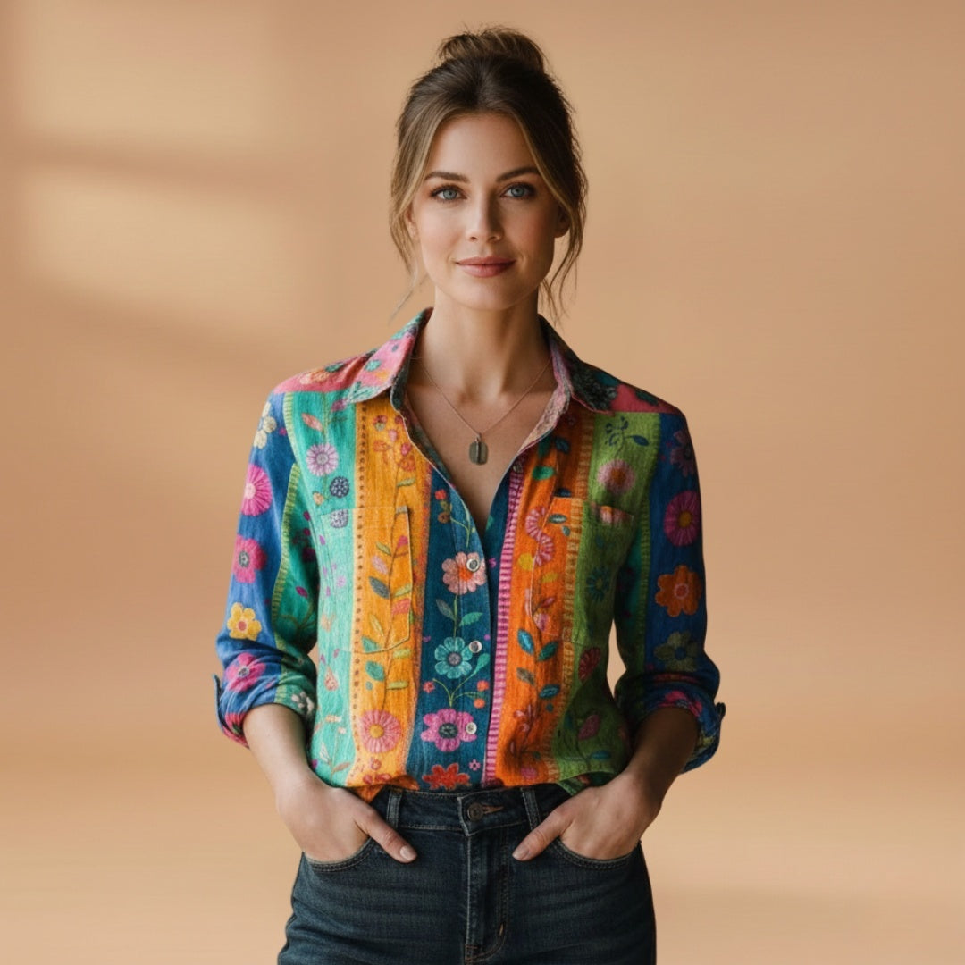 Carolina | Camisa Estampada Manga Comprida Mulher Colarinho Clássico