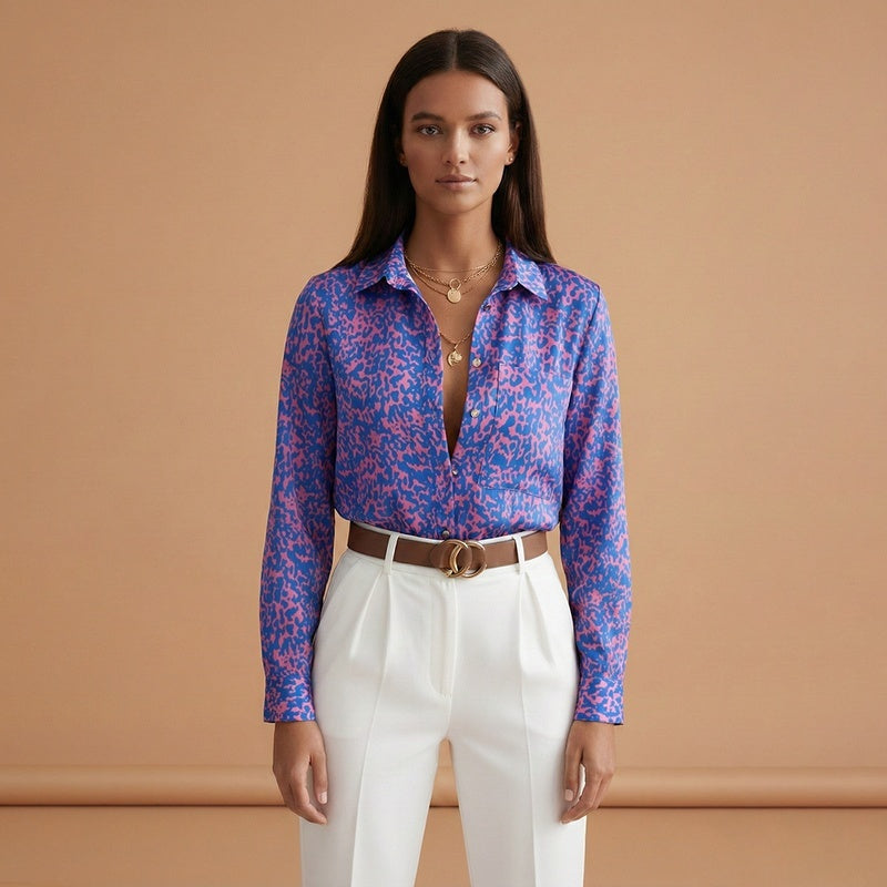 Mariana | Camisa Estampada Mulher Manga Comprida Decote V