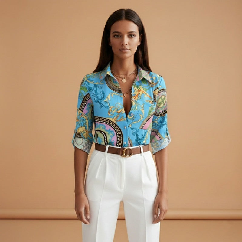 Mariana | Camisa Estampada Mulher Manga Comprida Decote V