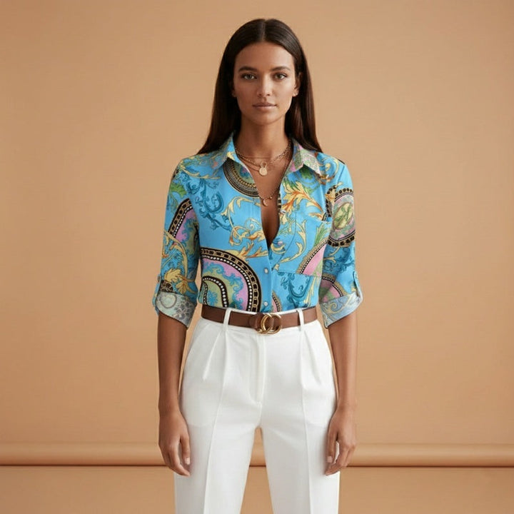 Mariana | Camisa Estampada Mulher Manga Comprida Decote V