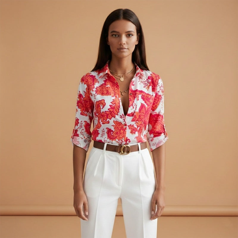 Mariana | Camisa Estampada Mulher Manga Comprida Decote V
