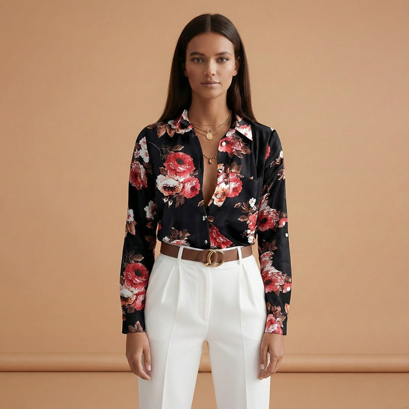Mariana | Camisa Estampada Mulher Manga Comprida Decote V