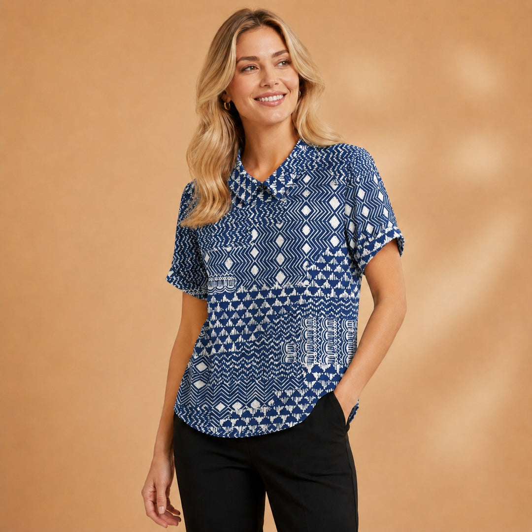Carminho | Camisa Listrada Geométrica Mulher Manga Curta