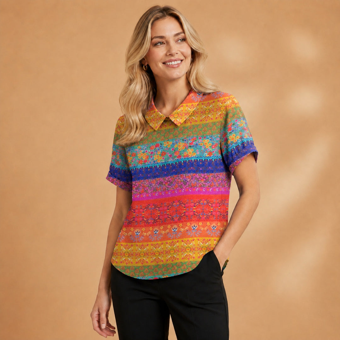 Carminho | Camisa Listrada Geométrica Mulher Manga Curta