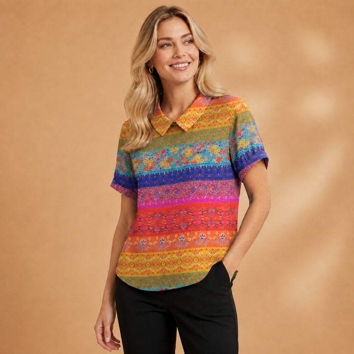 Carminho | Camisa Listrada Geométrica Mulher Manga Curta