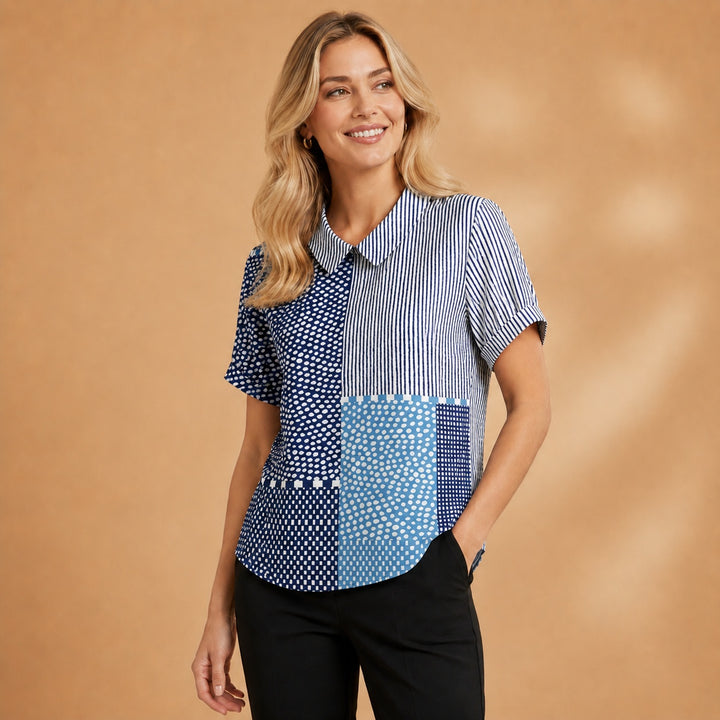 Carminho | Camisa Listrada Geométrica Mulher Manga Curta