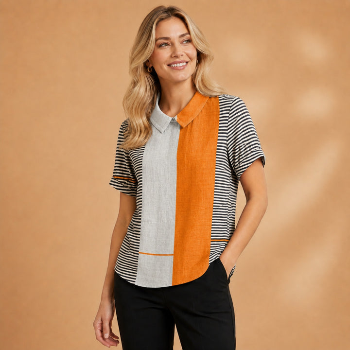 Carminho | Camisa Listrada Geométrica Mulher Manga Curta