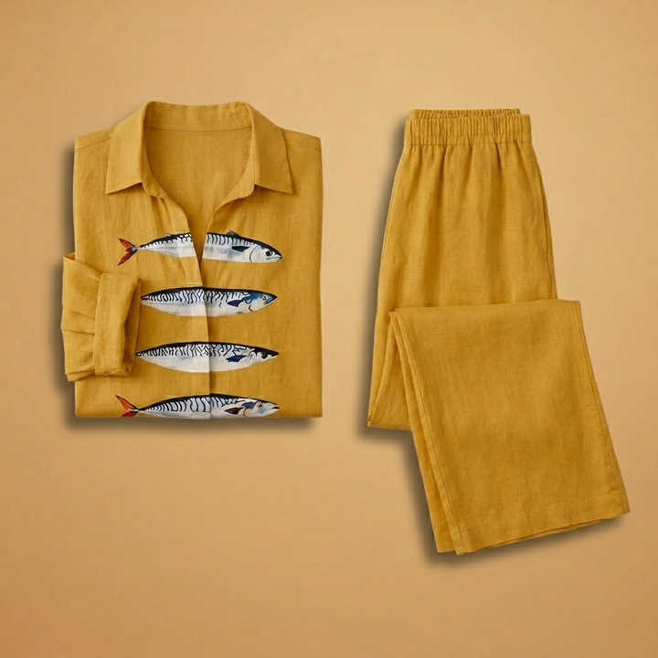 Catarina | Conjunto de Linho Camisa e Calças Largas Mulher Estampado