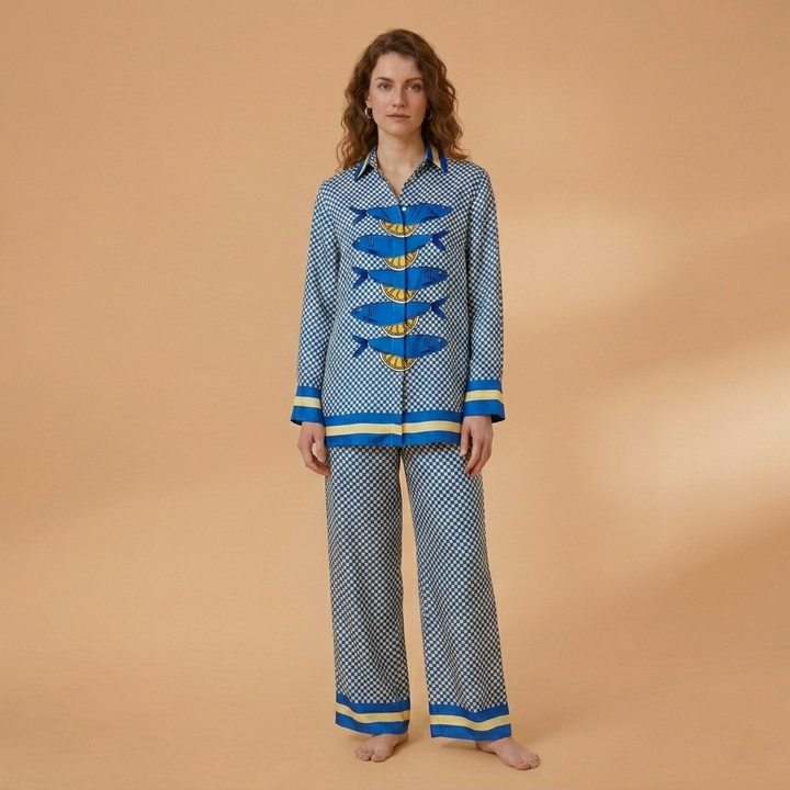 Catarina | Conjunto de Linho Camisa e Calças Largas Mulher Estampado