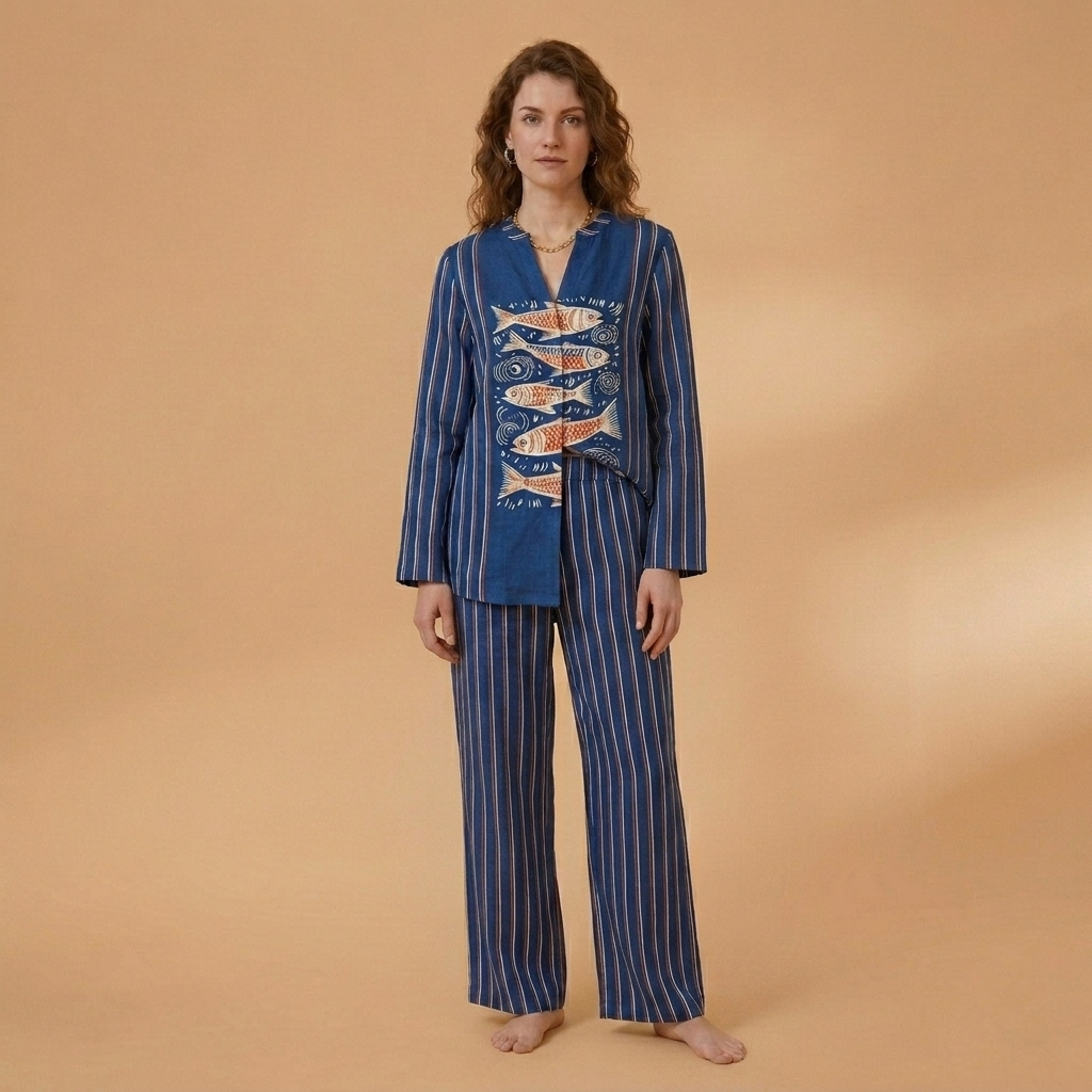 Catarina | Conjunto de Linho Camisa e Calças Largas Mulher Estampado