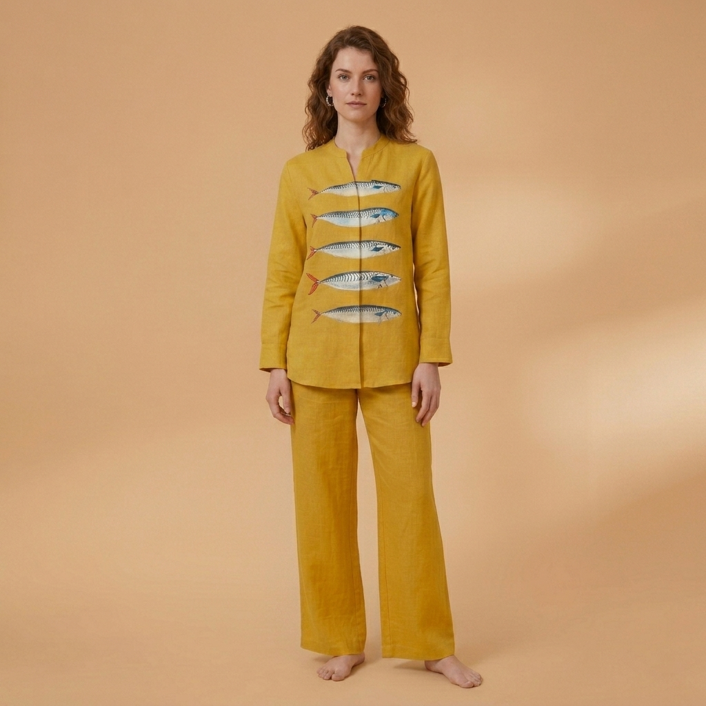 Catarina | Conjunto de Linho Camisa e Calças Largas Mulher Estampado