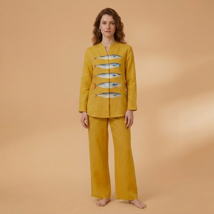 Catarina | Conjunto de Linho Camisa e Calças Largas Mulher Estampado