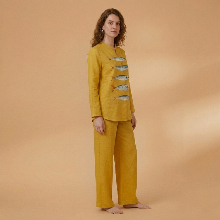 Catarina | Conjunto de Linho Camisa e Calças Largas Mulher Estampado
