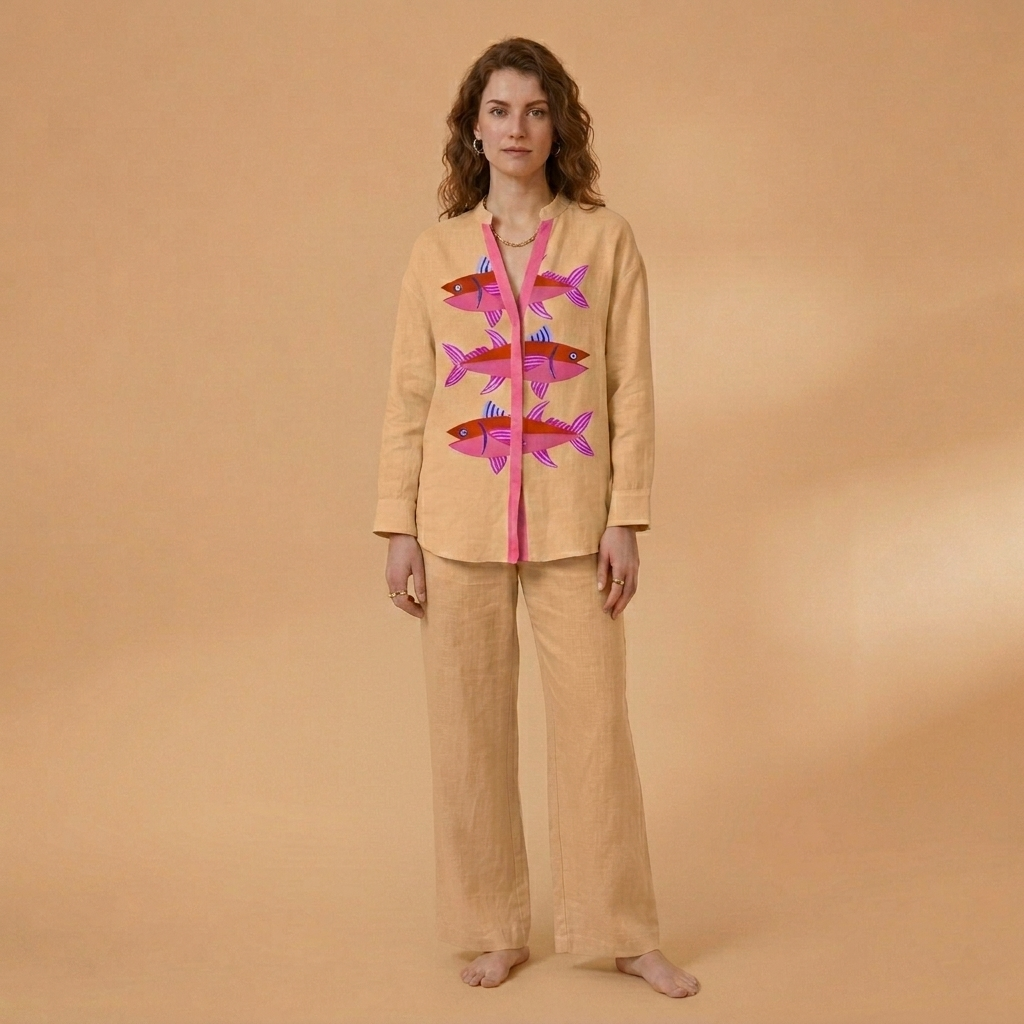 Catarina | Conjunto de Linho Camisa e Calças Largas Mulher Estampado