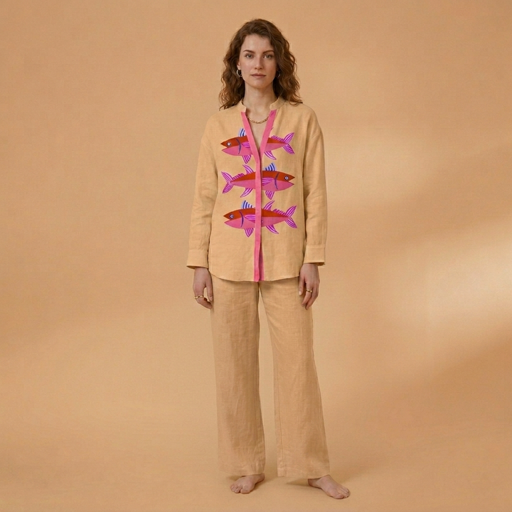 Catarina | Conjunto de Linho Camisa e Calças Largas Mulher Estampado