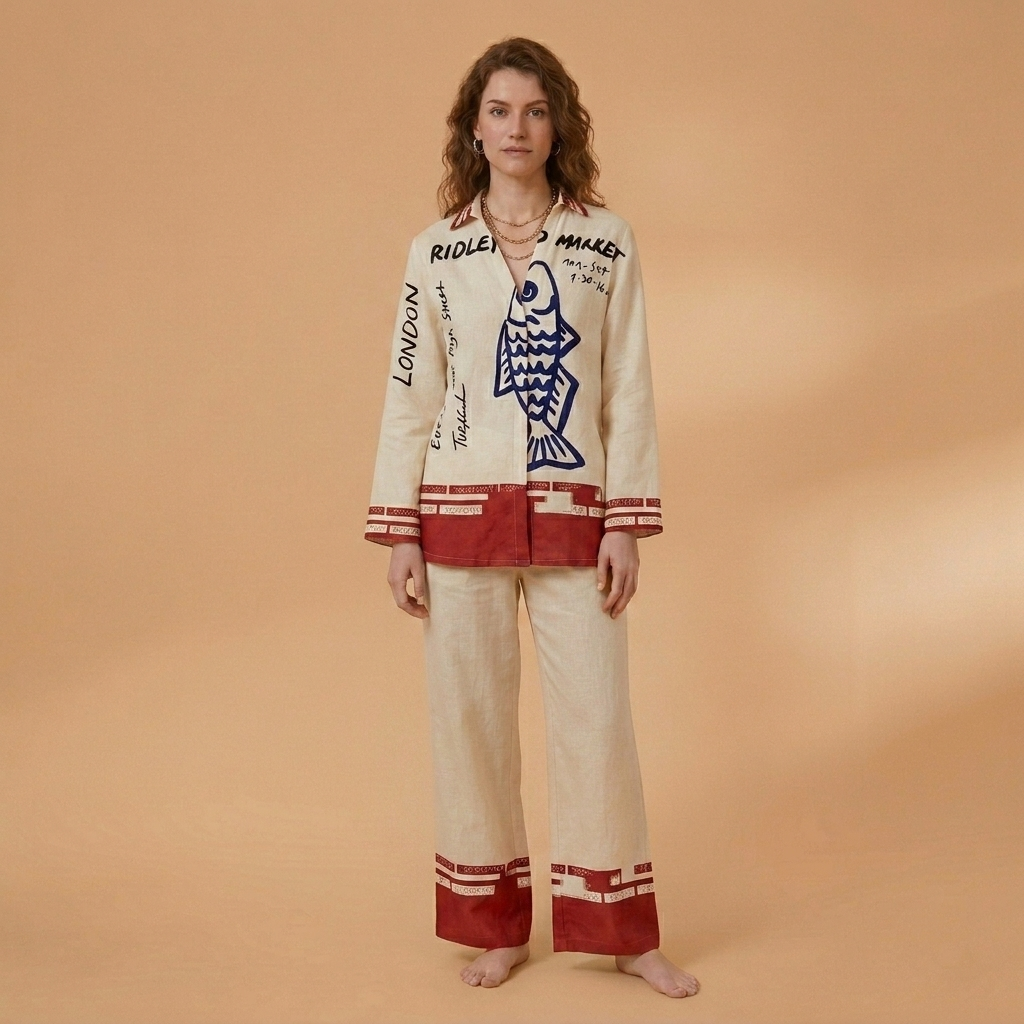Catarina | Conjunto de Linho Camisa e Calças Largas Mulher Estampado