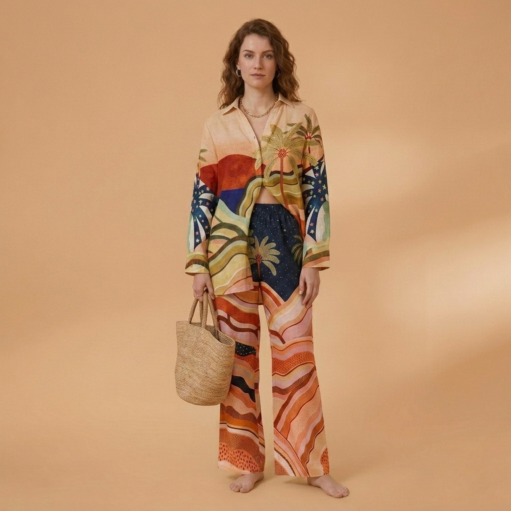 Catarina | Conjunto de Linho Camisa e Calças Largas Mulher Estampado