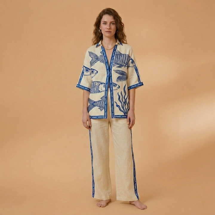 Catarina | Conjunto de Linho Camisa e Calças Largas Mulher Estampado