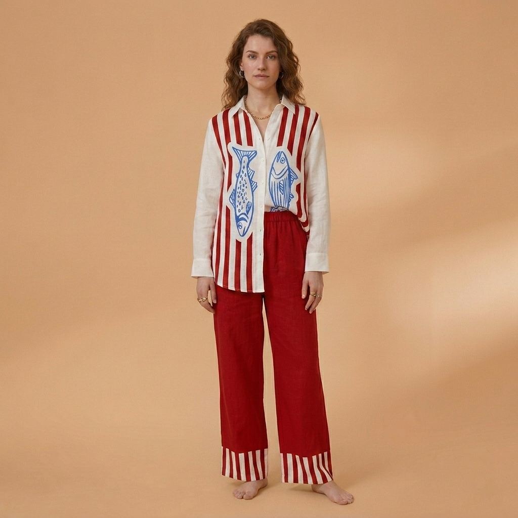 Catarina | Conjunto de Linho Camisa e Calças Largas Mulher Estampado