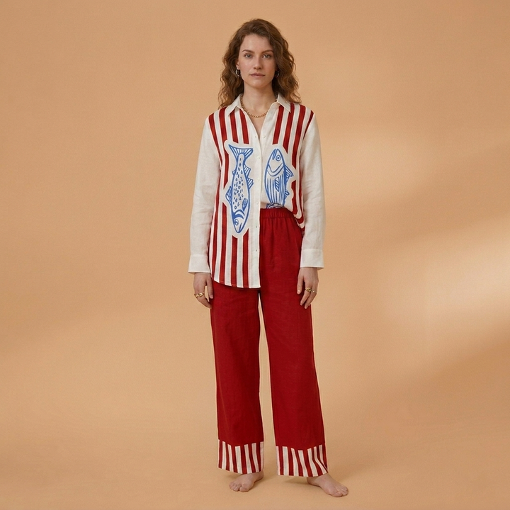 Catarina | Conjunto de Linho Camisa e Calças Largas Mulher Estampado