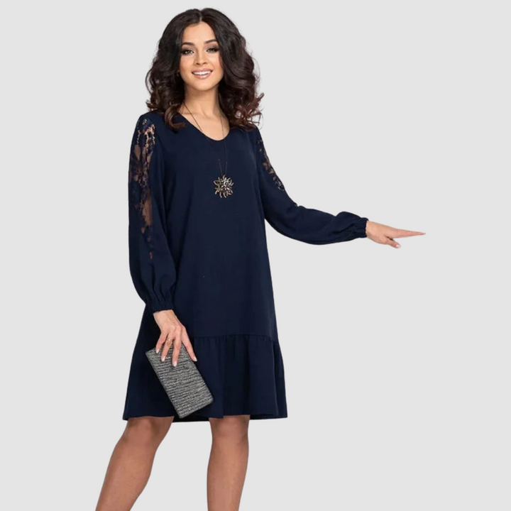 Catarina | Vestido Midi Manga Comprida com Renda Mulher Barra Franzida