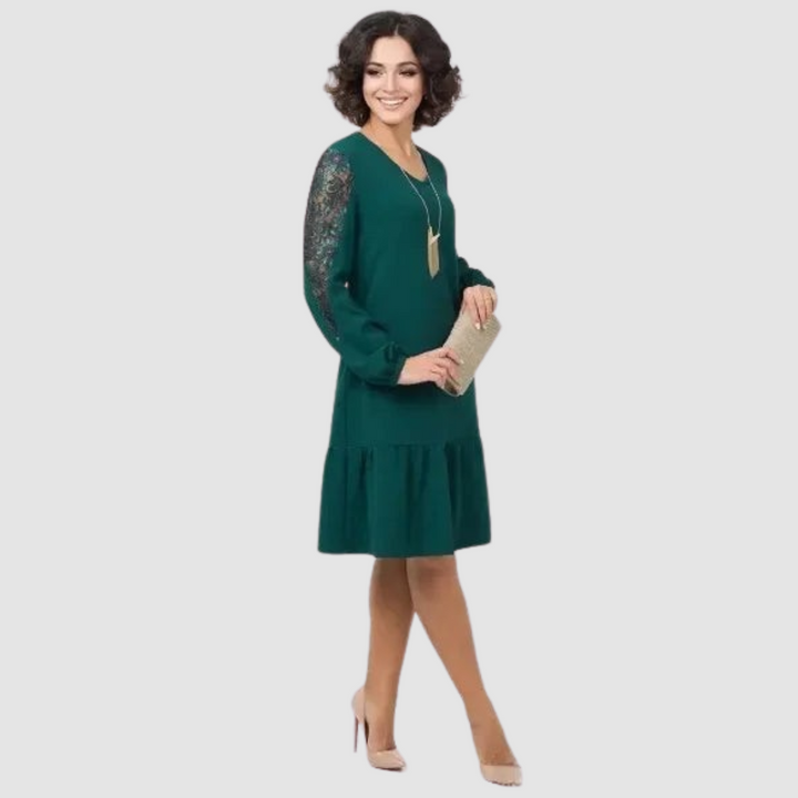 Catarina | Vestido Midi Manga Comprida com Renda Mulher Barra Franzida