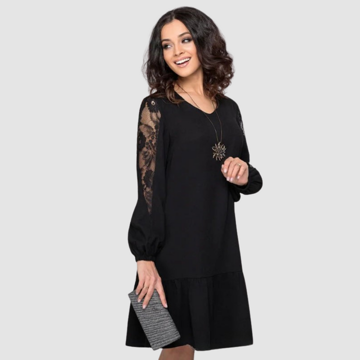 Catarina | Vestido Midi Manga Comprida com Renda Mulher Barra Franzida