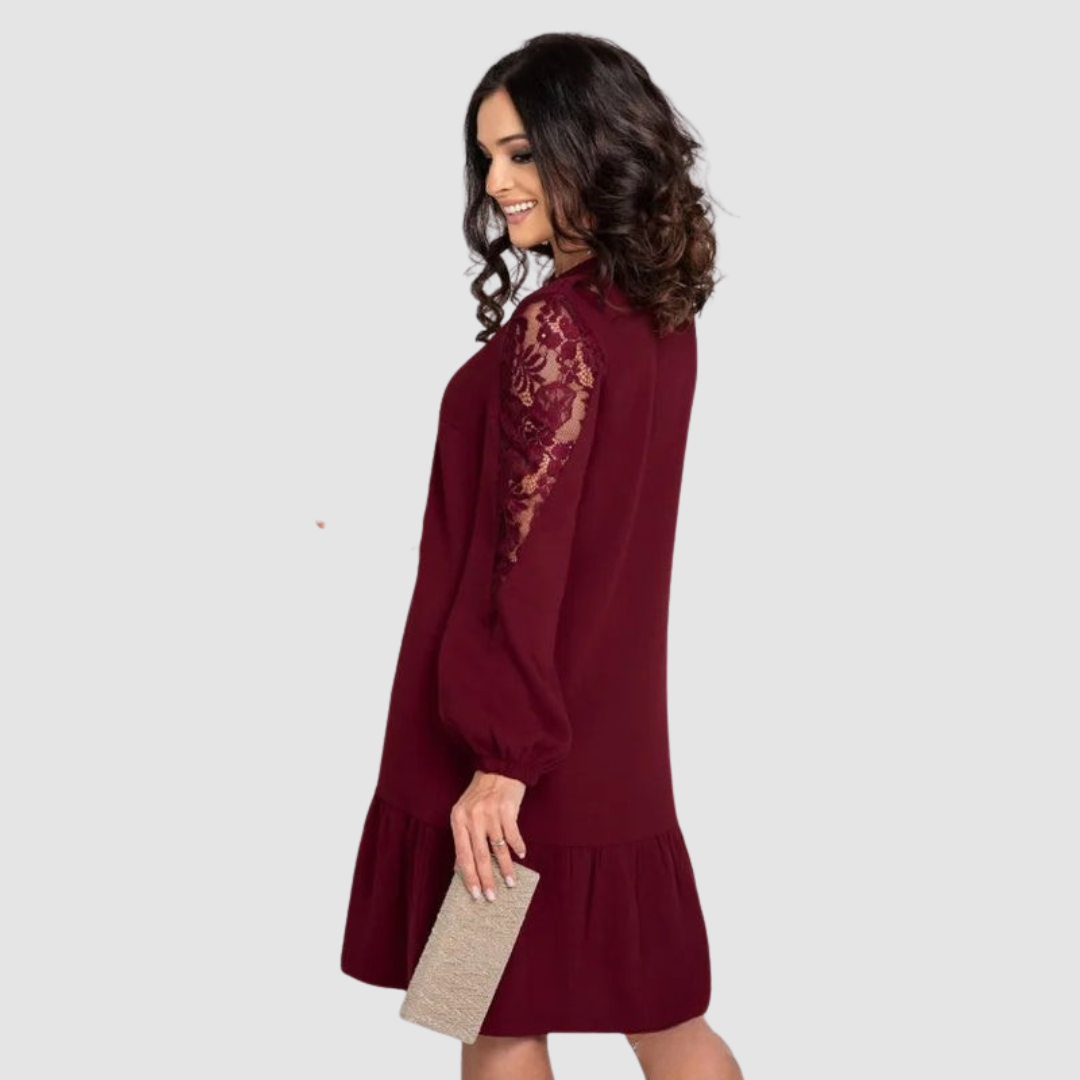Catarina | Vestido Midi Manga Comprida com Renda Mulher Barra Franzida