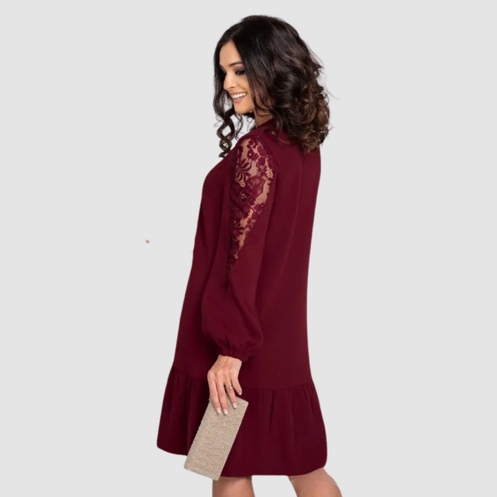 Catarina | Vestido Midi Manga Comprida com Renda Mulher Barra Franzida