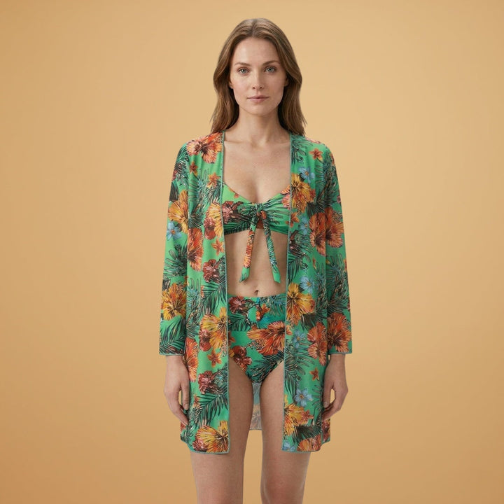 Vera | Conjunto Bikini Estampado Tropical Mulher com Kimono