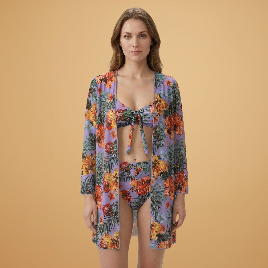 Vera | Conjunto Bikini Estampado Tropical Mulher com Kimono