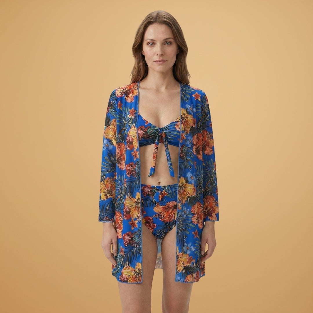 Vera | Conjunto Bikini Estampado Tropical Mulher com Kimono