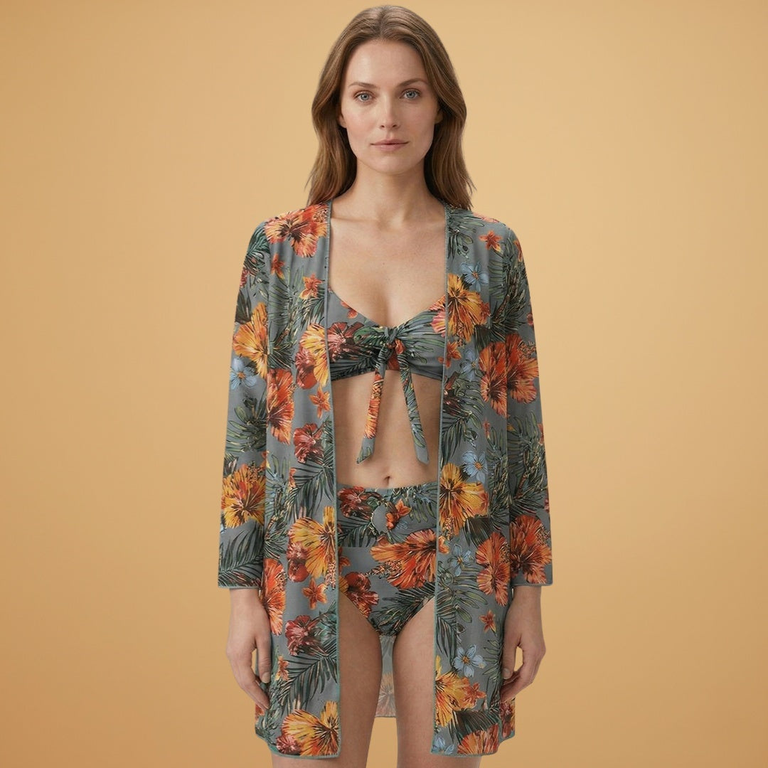Vera | Conjunto Bikini Estampado Tropical Mulher com Kimono