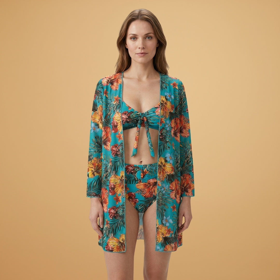 Vera | Conjunto Bikini Estampado Tropical Mulher com Kimono