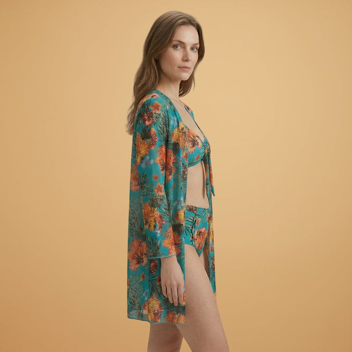Vera | Conjunto Bikini Estampado Tropical Mulher com Kimono