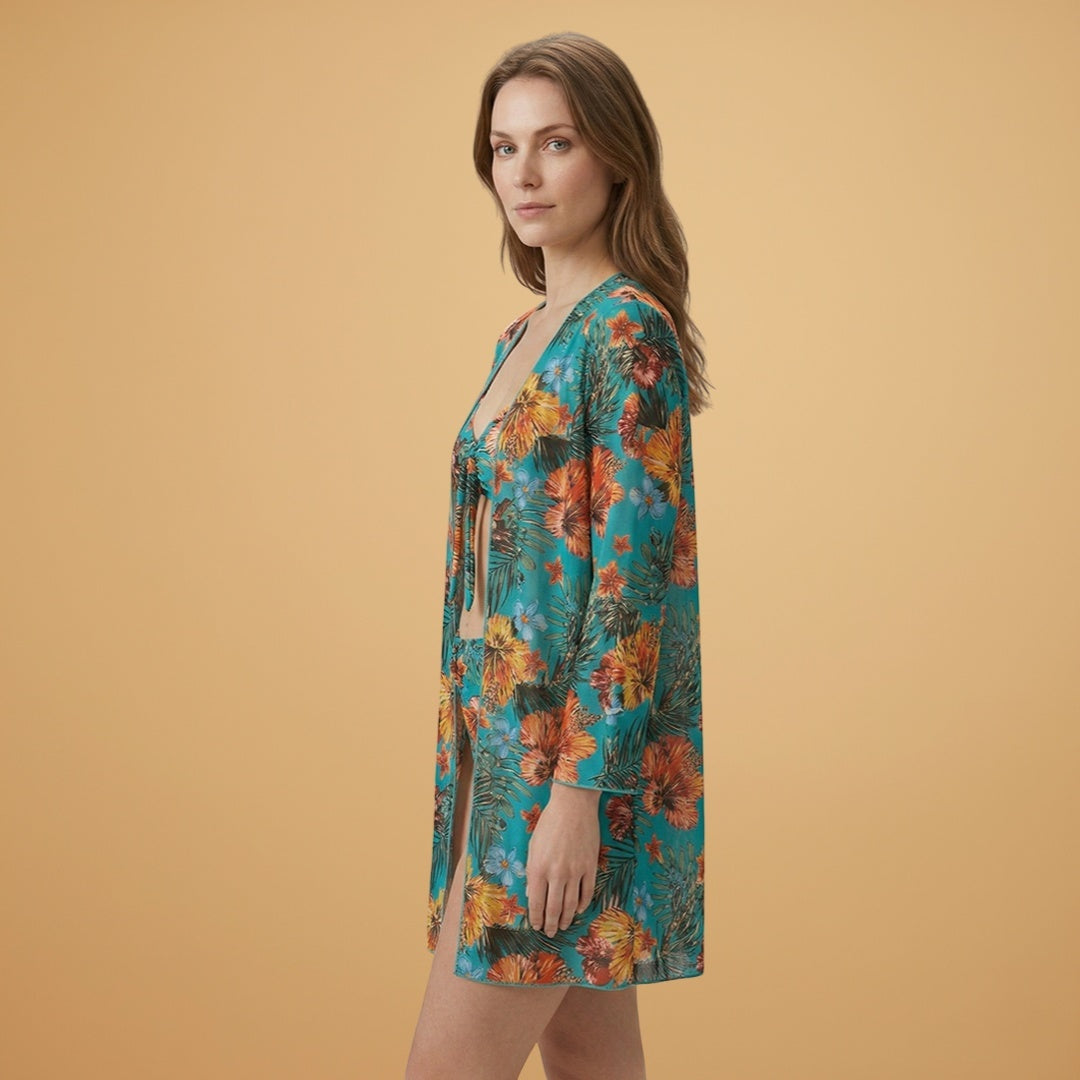 Vera | Conjunto Bikini Estampado Tropical Mulher com Kimono