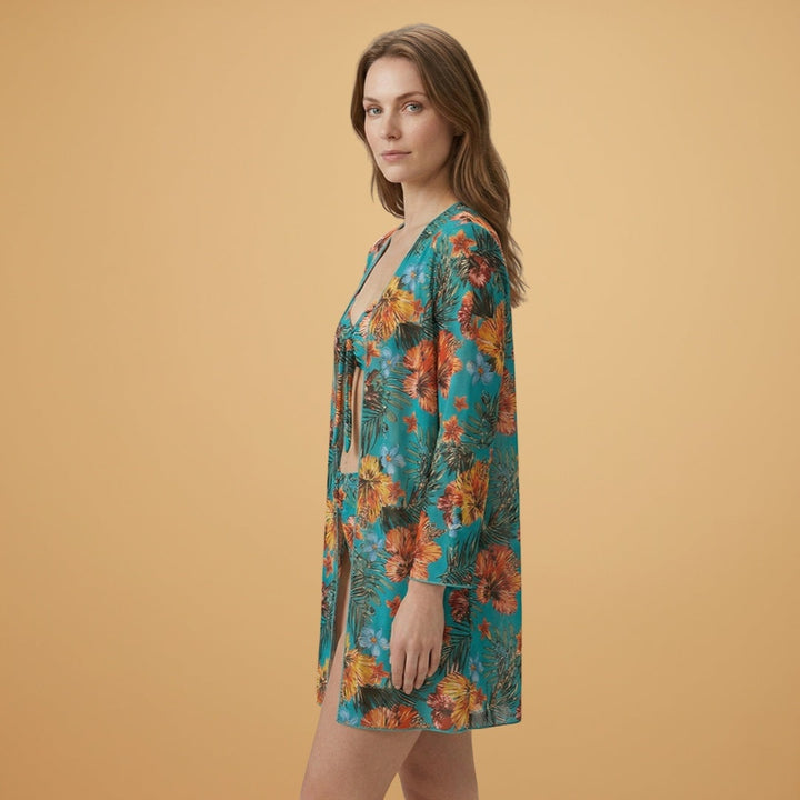 Vera | Conjunto Bikini Estampado Tropical Mulher com Kimono