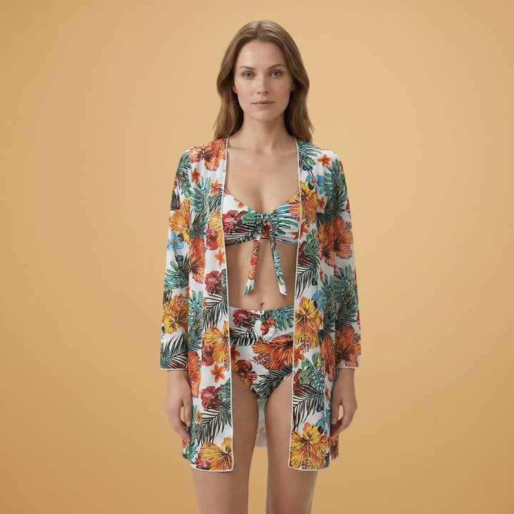 Vera | Conjunto Bikini Estampado Tropical Mulher com Kimono
