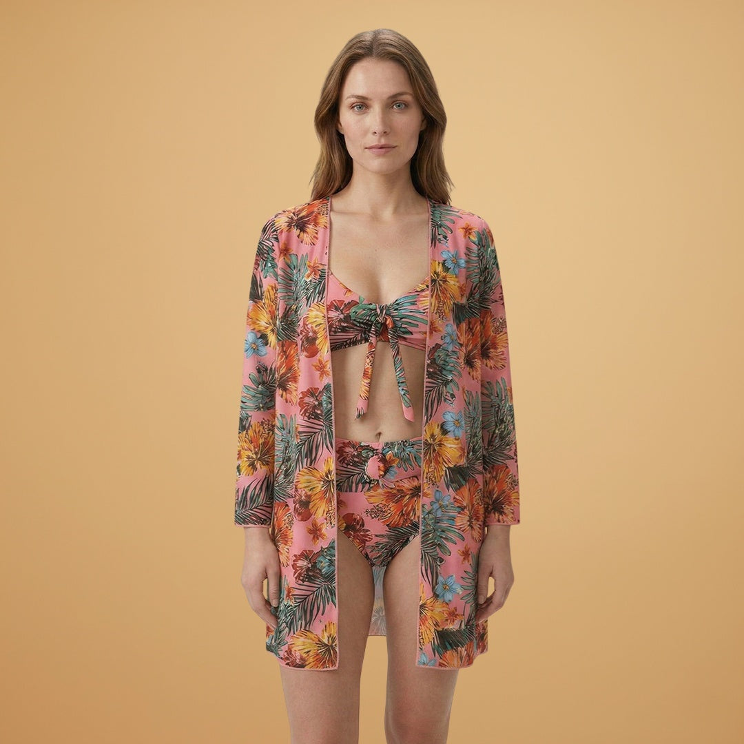 Vera | Conjunto Bikini Estampado Tropical Mulher com Kimono