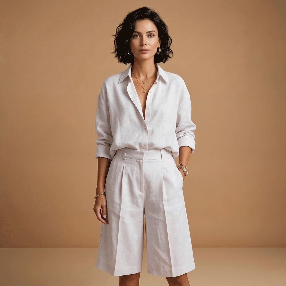 Alice | Conjunto Camisa e Calções Pregueados Mulher Cintura Alta