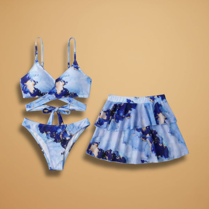 Carolina | Conjunto de Bikini Três Peças Mulher Saia Volante
