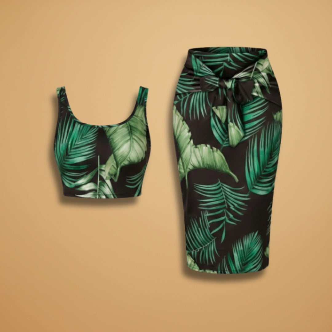 Carla | Conjunto Mulher Top Cortado Saia Midi Estampado