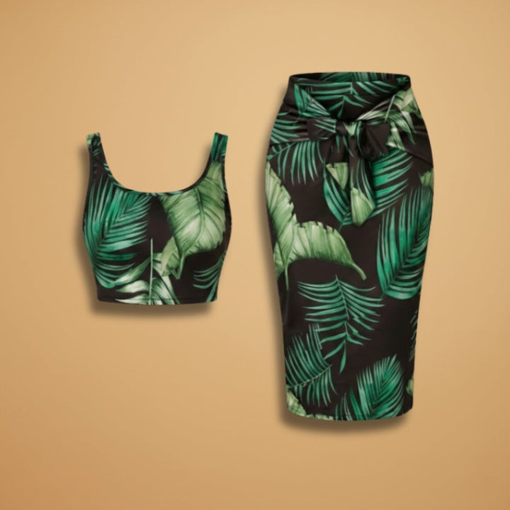 Carla | Conjunto Mulher Top Cortado Saia Midi Estampado