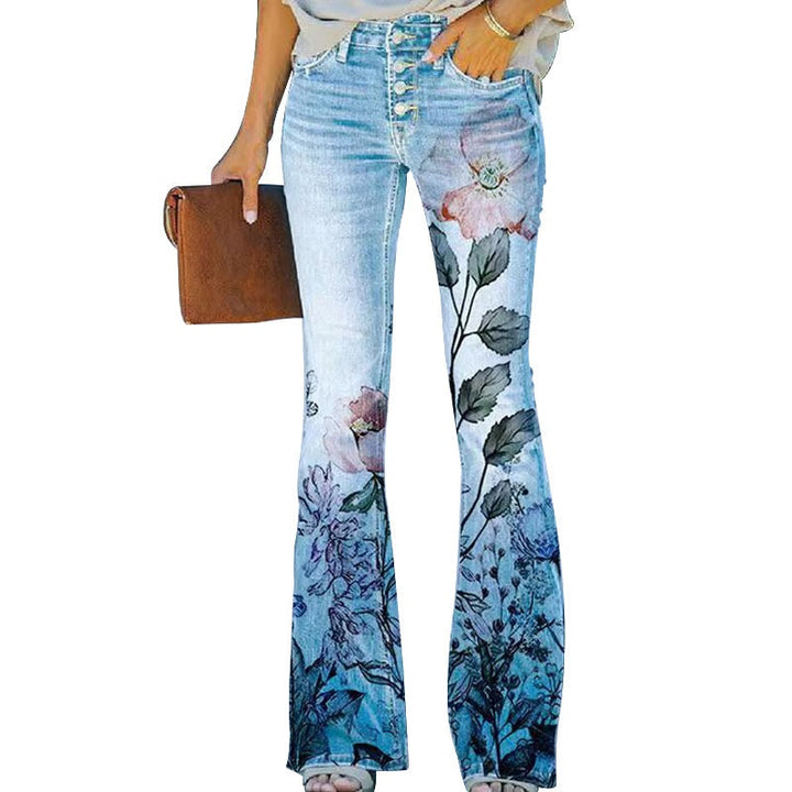 Constança | Jeans Flare Estampado Floral Mulher Cintura Alta