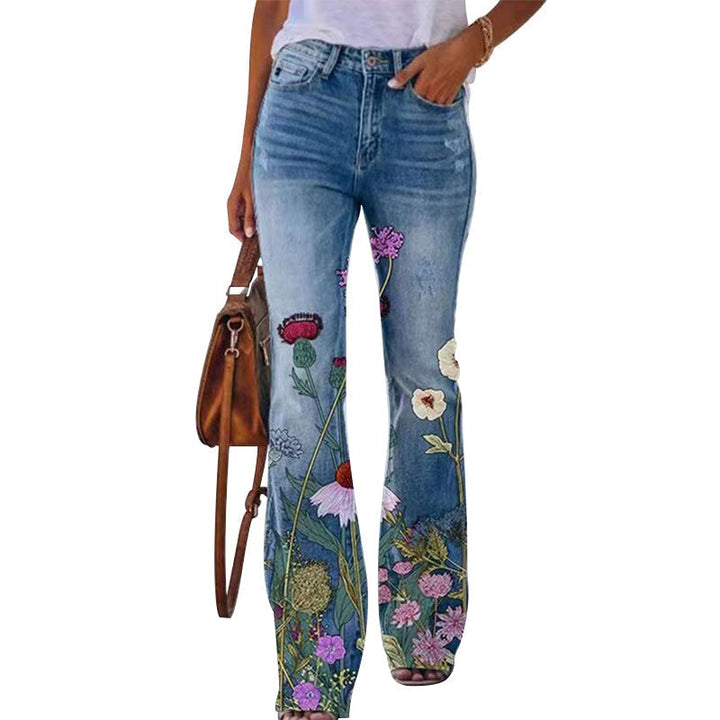 Constança | Jeans Flare Estampado Floral Mulher Cintura Alta