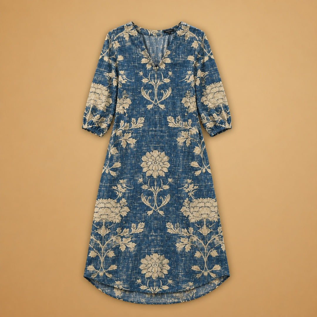 Cristina | Vestido Midi de Linho Estampado Mulher Decote V