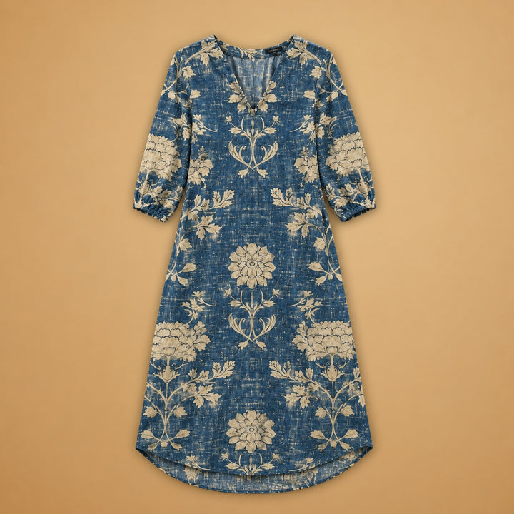 Cristina | Vestido Midi de Linho Estampado Mulher Decote V
